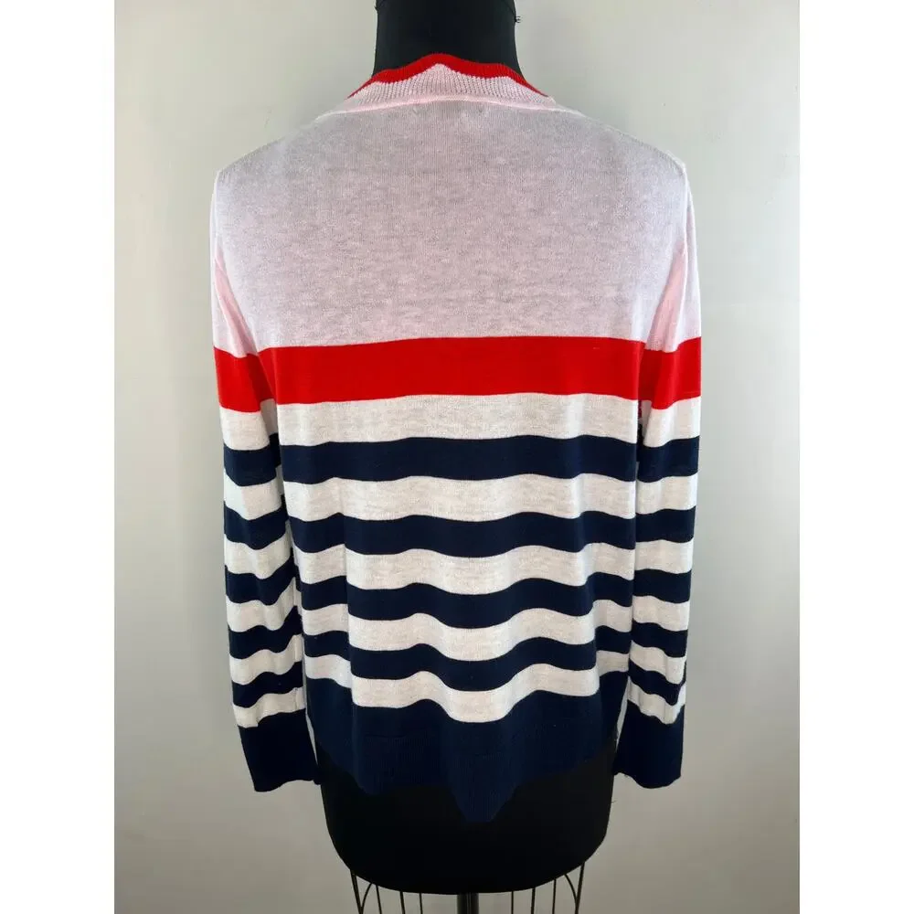 J. Crew Pink Red Blue Cotton Wool Scallop Trimmed Striped Pullover Sweater Sz S